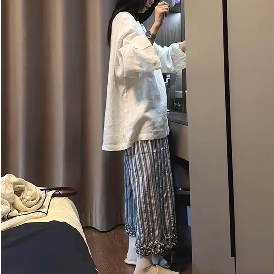 95棉宽松白T恤女长袖睡衣九分条纹裤可外穿韩版2025欧若风家居服