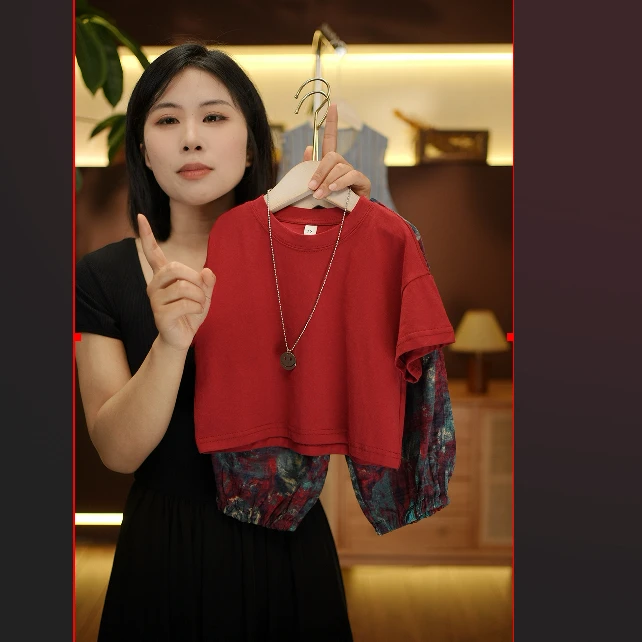 2025夏季新款百搭复古红色宽松休闲打底短袖套装20702