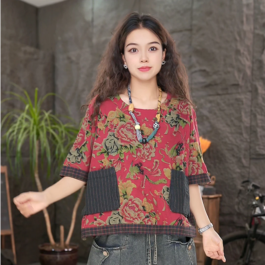 LL大码女装夏季新款韩版时尚复古民族风遮肉显瘦大版衫（圆领）