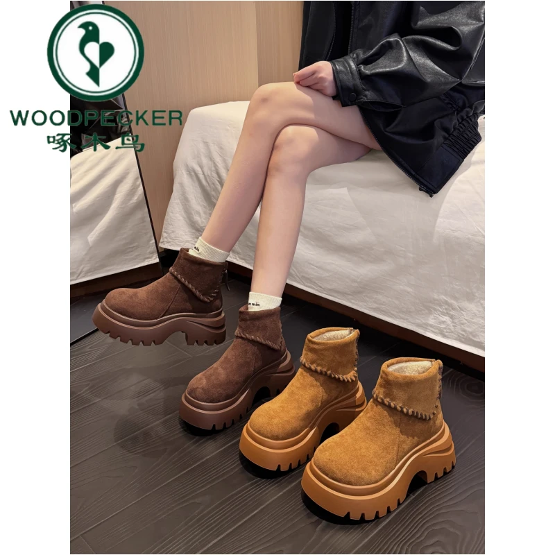 啄木鸟厚底增高雪地靴女款2025新款冬季超火时尚百搭加绒加厚短靴