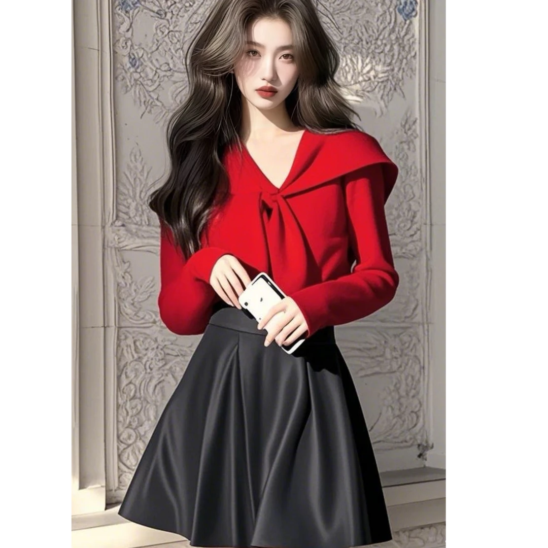 2025春季新款一整套入冬穿搭高级感通勤风圣诞红色针织上衣套装裙