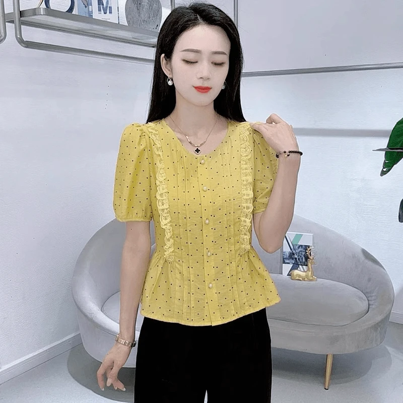 法式蕾丝花边短袖衬衫女2025夏季新款小个子洋气波点收腰显瘦上衣
