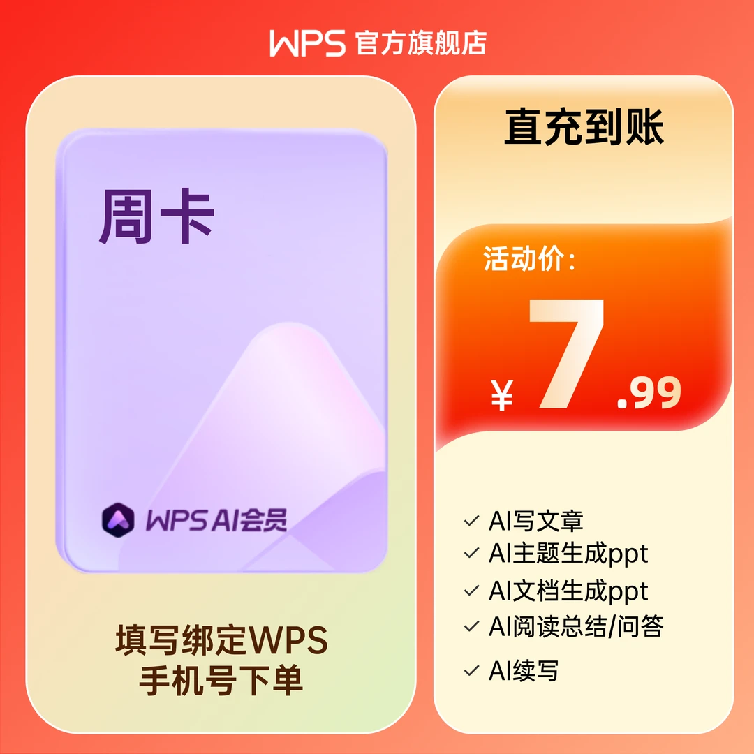 WPSai会员周卡7天 年终汇报ppt智能生成 office高效办公会员直充