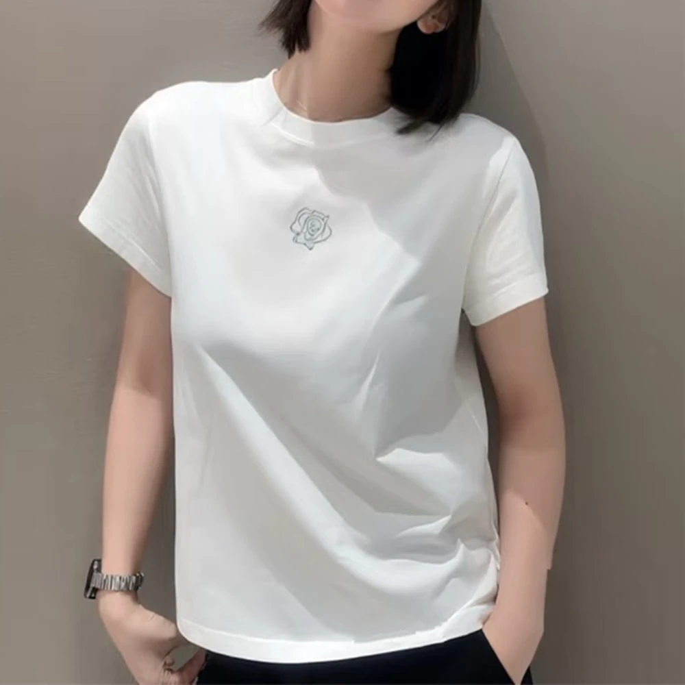 {专柜}商场同款2025新款修身显瘦玫瑰花图案短袖上衣1300996