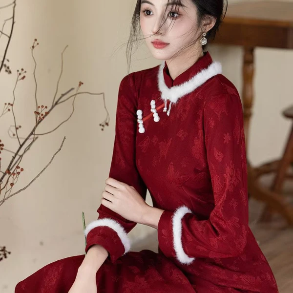 红色喜庆黑色秋冬季款显瘦气质优雅中长款旗袍女装连衣裙显瘦日常