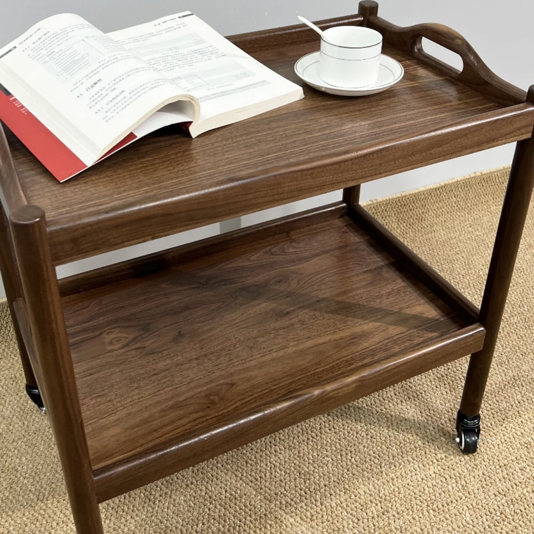 北美黑胡桃木小推车家用简约双层可移动置物架阳台办公客厅落地柜