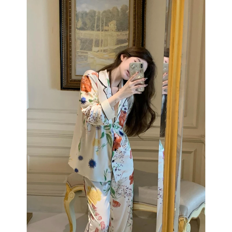 新中式国风碎花凉感冰丝睡衣女套装夏季长袖长裤仿真丝绸面家居服