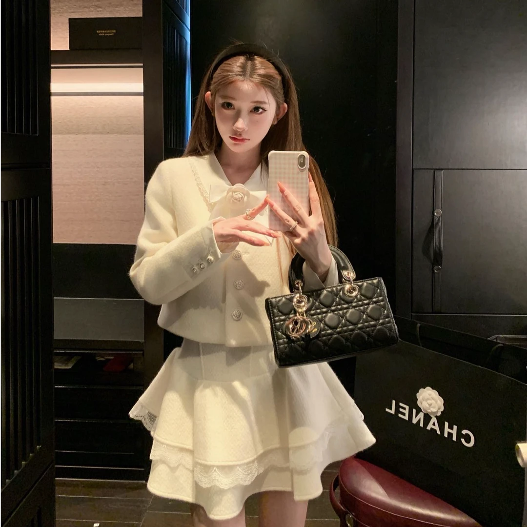 富家千金小香风设计感短款外套上衣女秋冬气质高腰A字半身裙套装