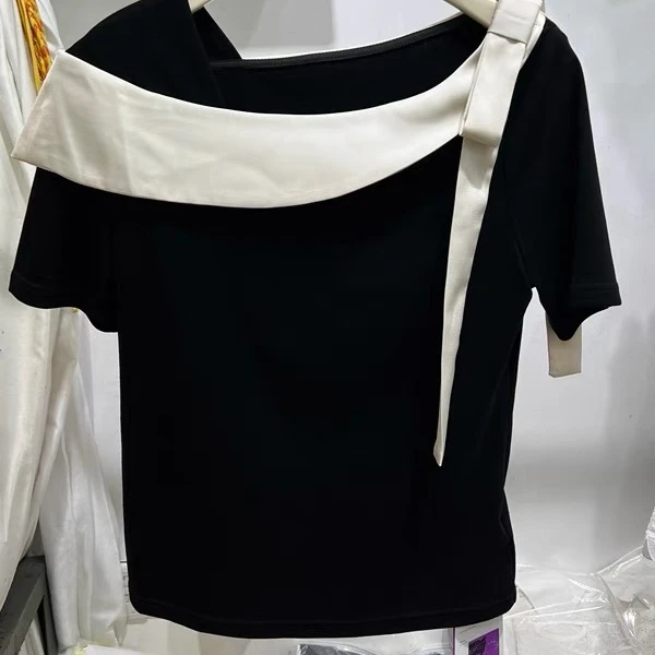 黑白拼色蝴蝶结短袖T恤女欧货2025夏季新款小香风修身打底上衣