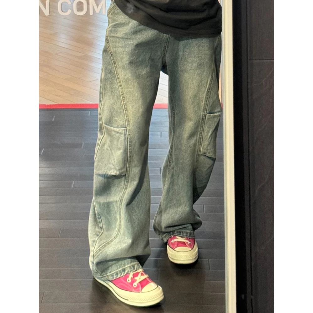 美式复古蓝弯刀牛仔裤男款春秋季解构宽松直筒工装裤子镰刀阔腿裤