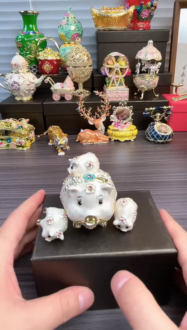 摆件七宝烧首饰盒   子母猪白色