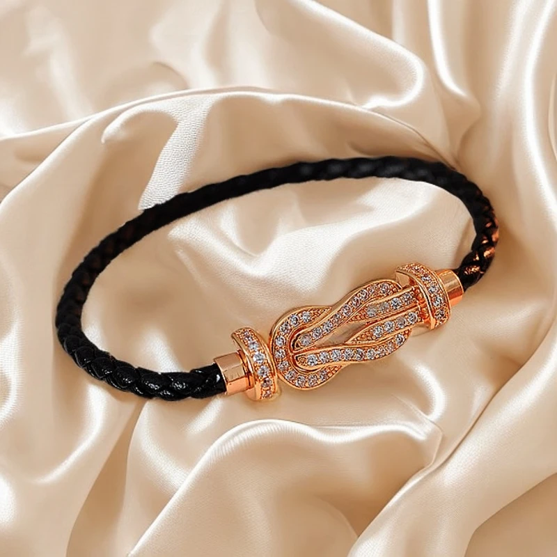 铜合金皮质手链 网红斐家情侣幸运红绳马蹄扣手串8字扣手链转运链