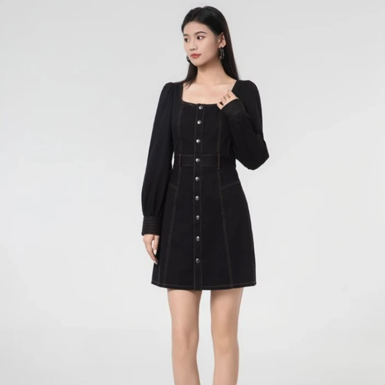 AMASS阿玛施 热力感新款复古收腰U领纯色长袖牛仔连衣短裙5500509