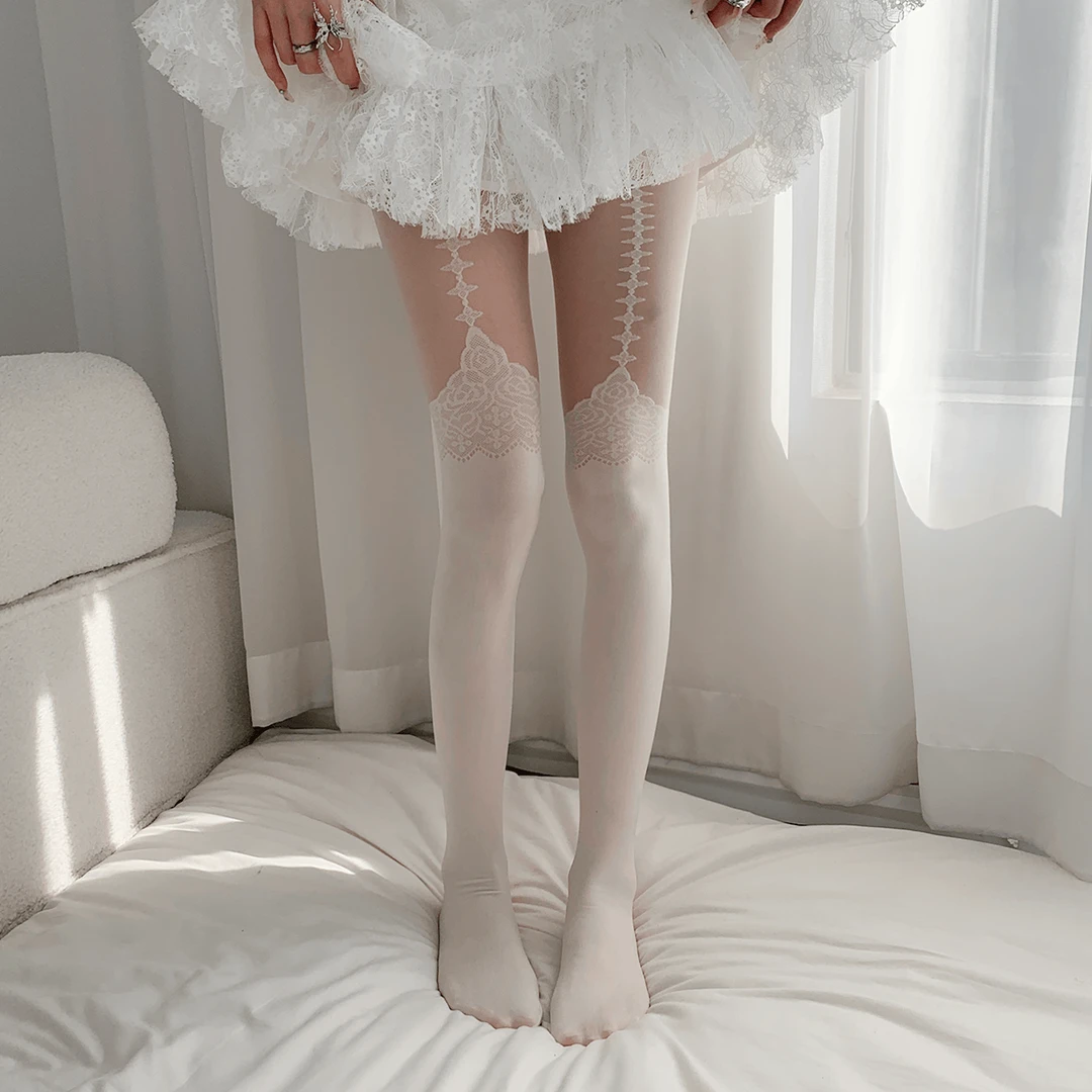 夜间教习室人鱼骨白色丝袜纯欲蕾丝提花洛丽塔连裤袜子女夏季白丝