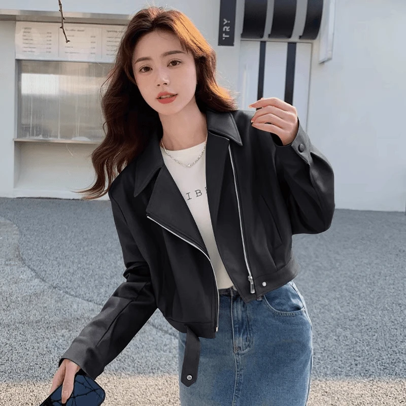 【新款推荐】2025春网红短款皮衣外套女装机车皮夹克百搭小个子短款