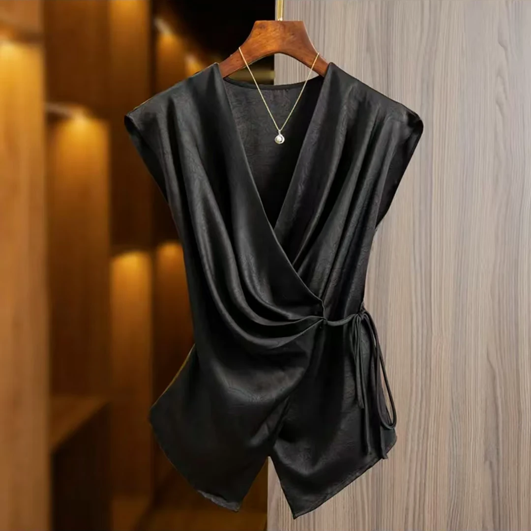 2025夏季上新时尚系带设计感收腰显瘦衬衫女气质小众不规则上衣