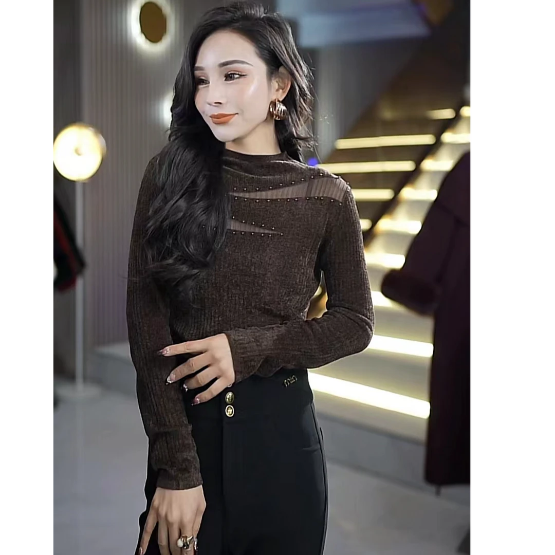 冬季时尚百搭显瘦不起球三角镂空烫钻女士套头打底上衣毛衣6m8025