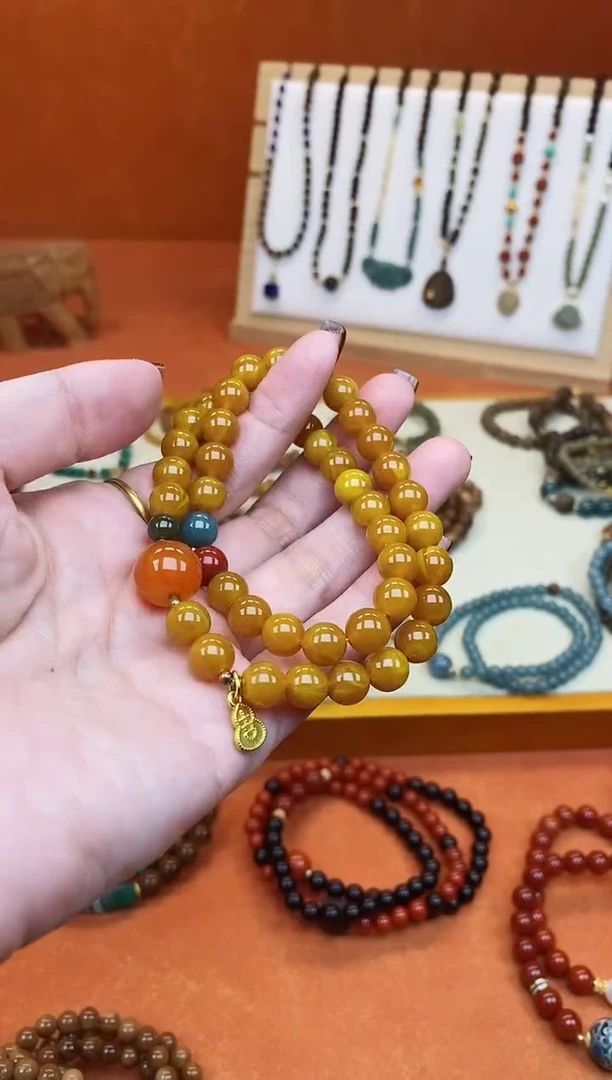 手链蜜蜡未镶嵌双圈蜜蜡和田南红蓝水手串