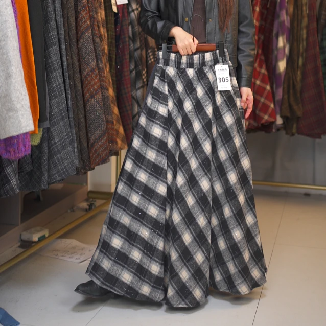 【慧】305大摆毛呢高腰格子复古百搭中长裙半身裙女2025秋冬新款