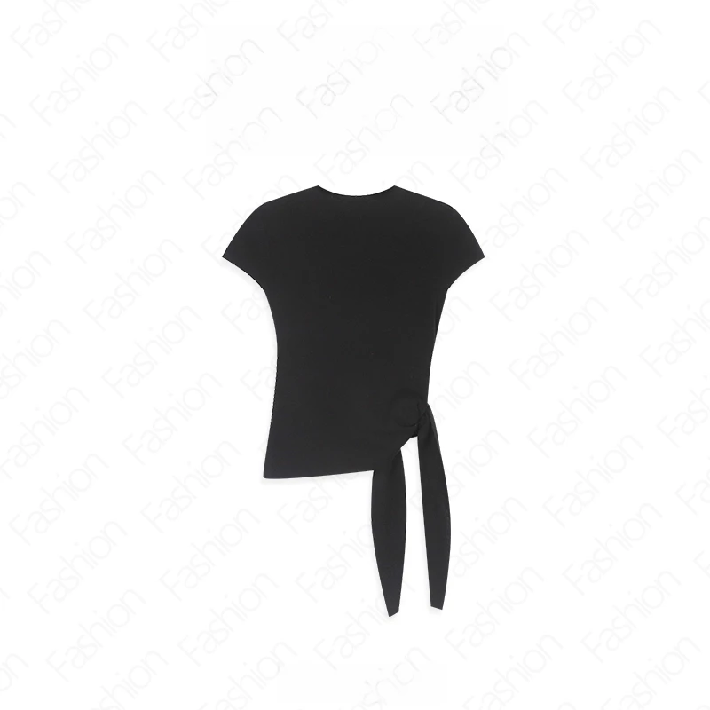 2025夏季新款纯色圆领洋气百搭系带款短袖时尚简约t恤上衣