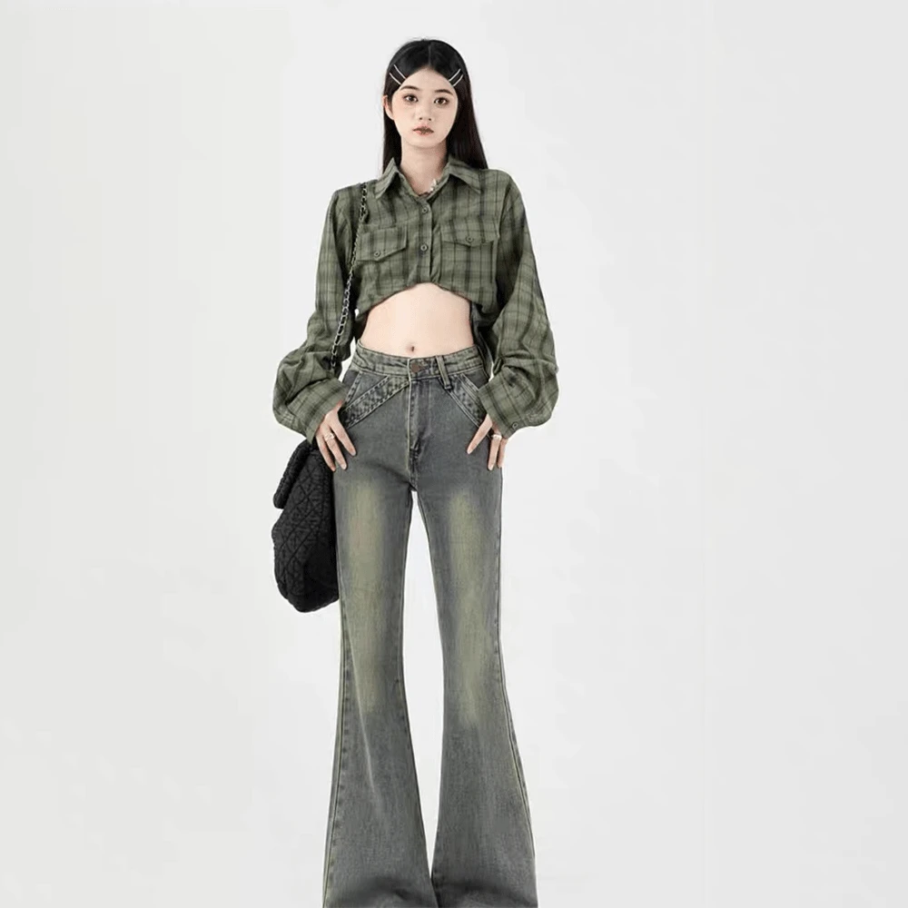 2025新款复古微喇牛仔裤女春夏季修身辣妹高腰毛边设计喇叭长裤