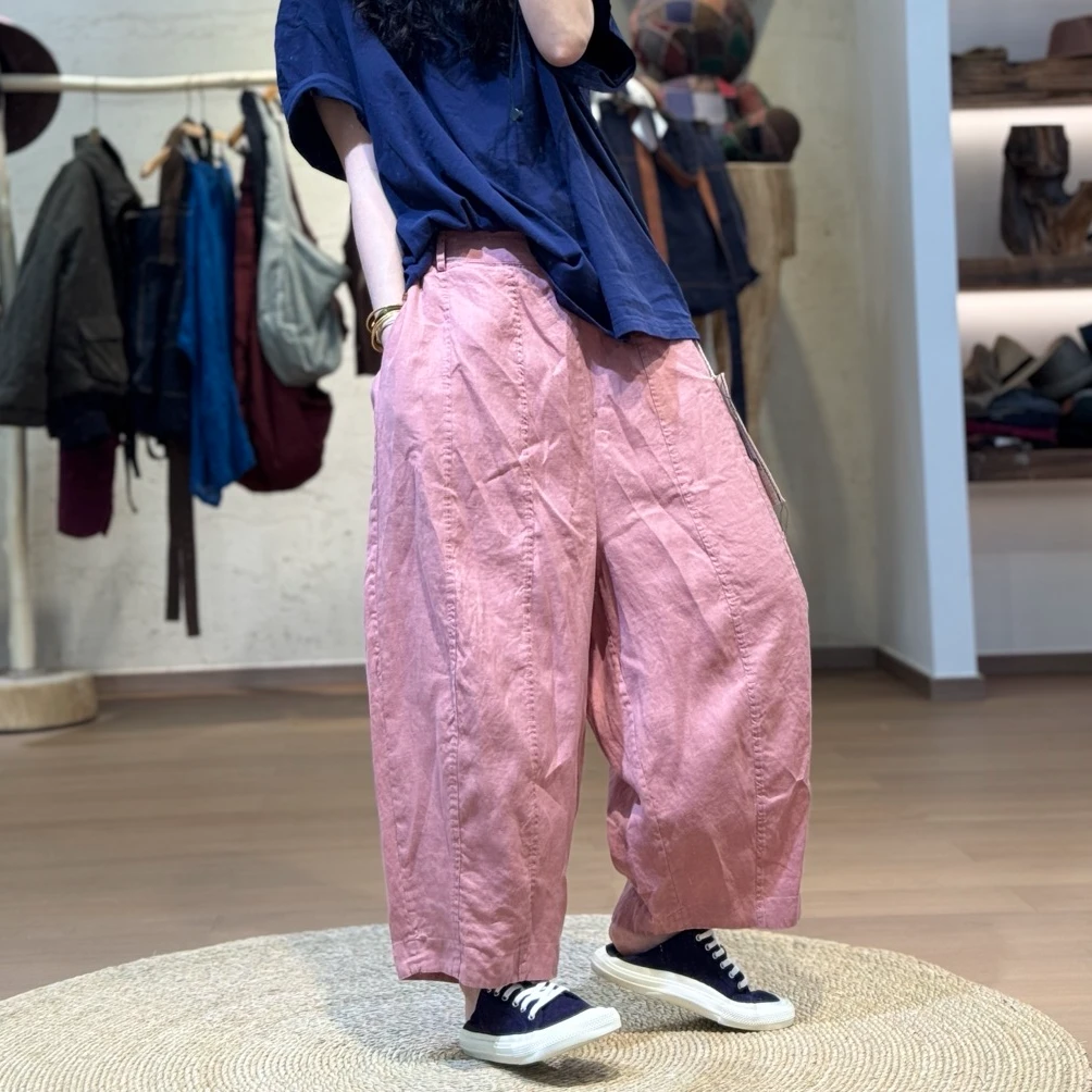 忆古朴拙250441亚麻通勤裤阔腿休闲夏季松紧腰