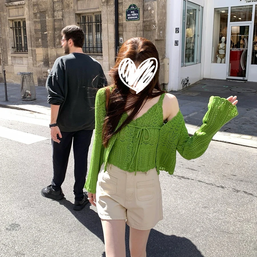 新款温柔韩系镂空提花V领短款针织套装+吊带系带开衫复古女#8886