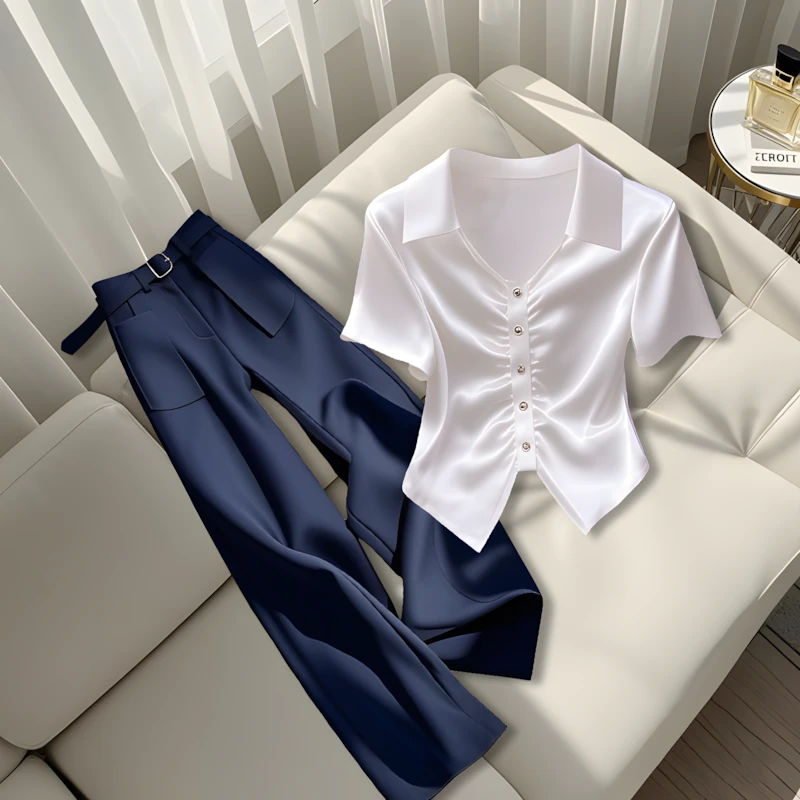 2025夏季新款气质女装高档大气时尚显瘦POLO领上衣宽松直筒阔腿裤