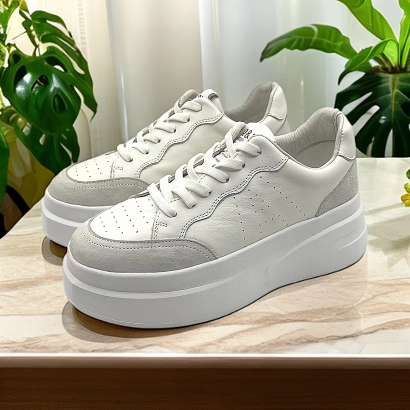 设计感时尚百搭女鞋休闲鞋厚底增高5.5cm透气真皮小白鞋