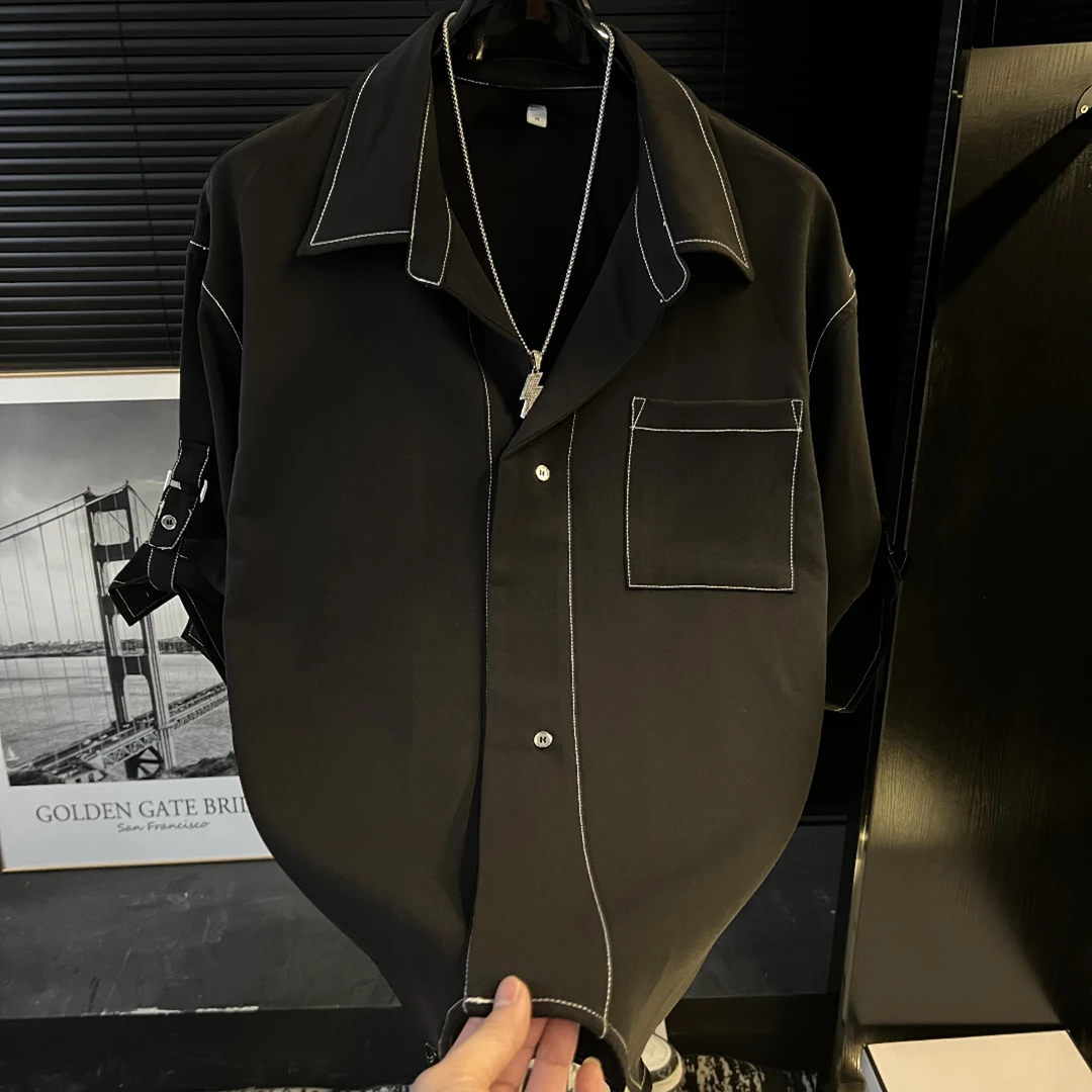 dan-2025夏季新款高级感明线短袖衬衫男宽松百搭衬衣