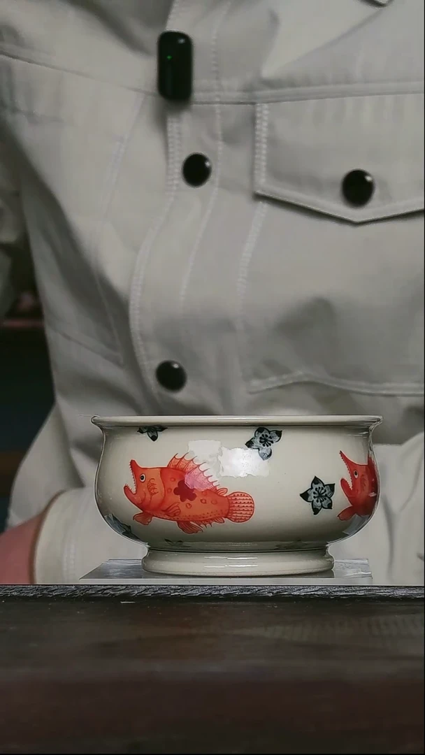 二号釉桃花桂鱼矾红炉士盖碗