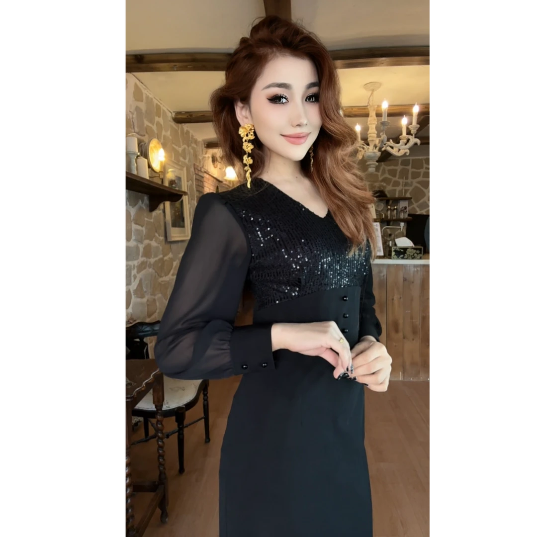 3108【古丽店铺】新款时尚气质亮片拼接女装连衣裙