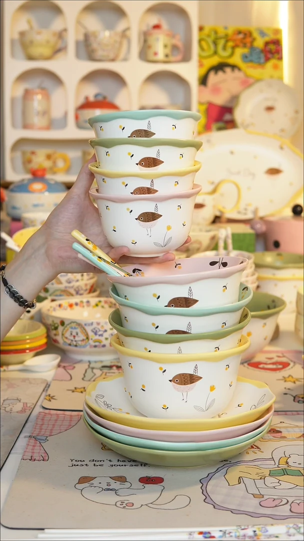 陶瓷鸟语花香大套餐4色（勺子+盘子+面碗+米饭碗）