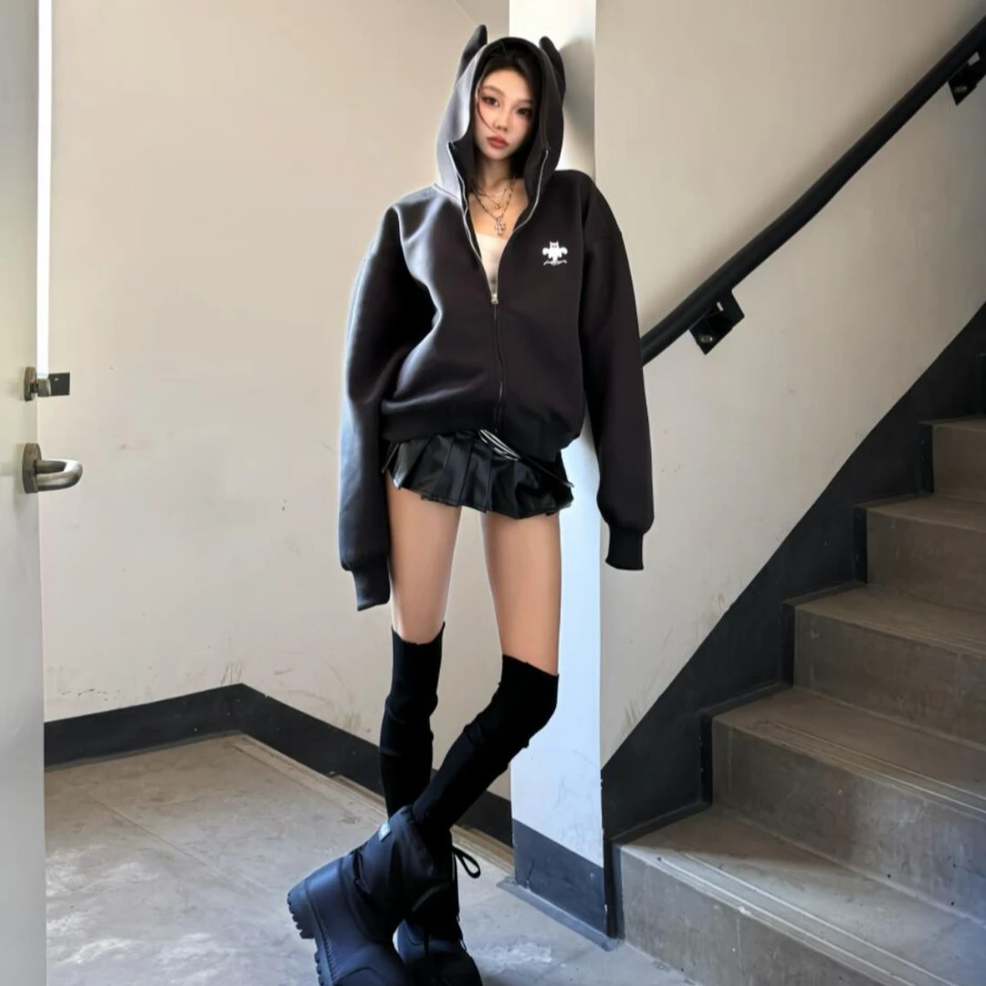 恶魔角连帽卫衣外套女早秋2025新款黑色双拉链开衫宽松情侣上衣潮
