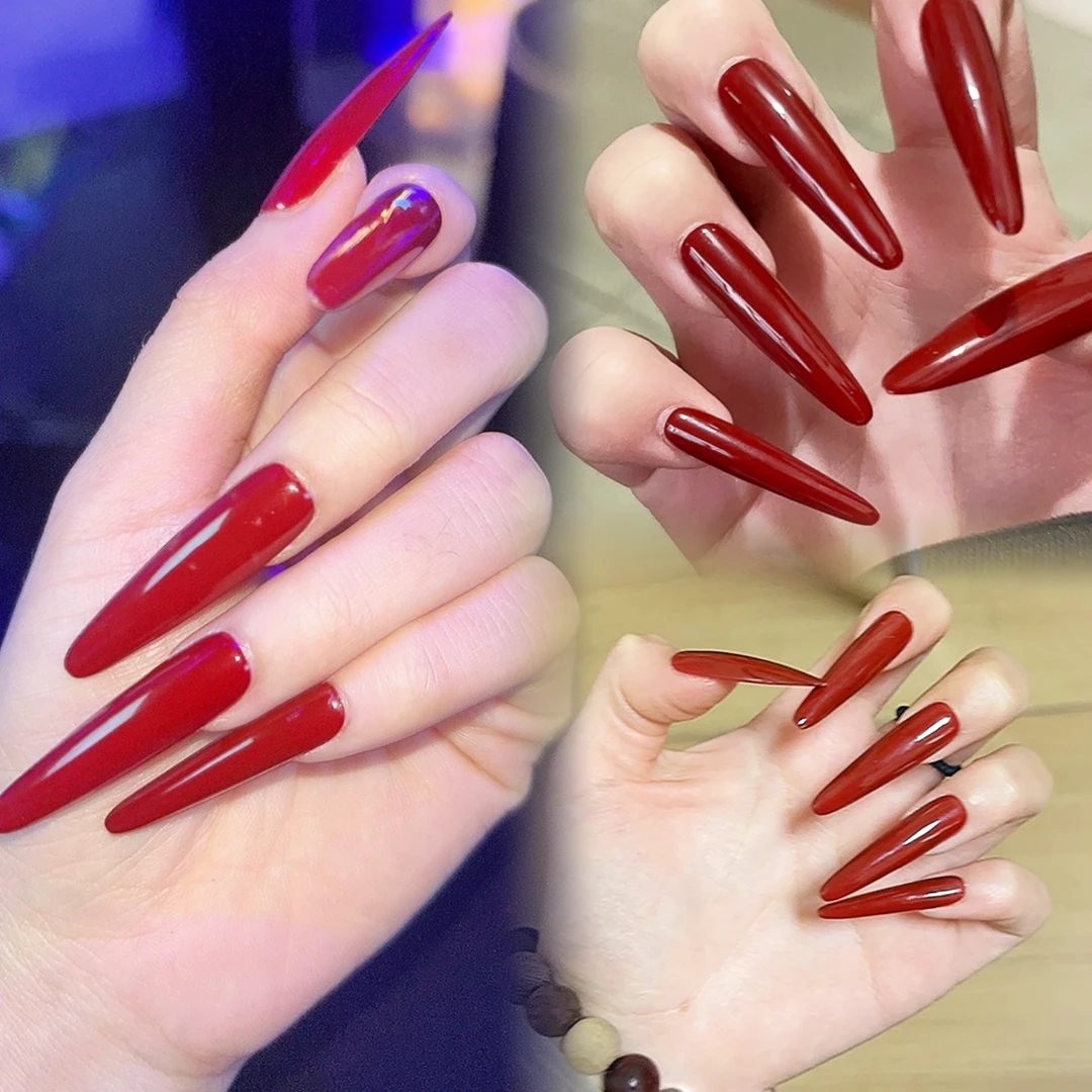 吱吖鸭血红4.0细狗显白手工穿戴甲婚甲可拆卸美甲甲片