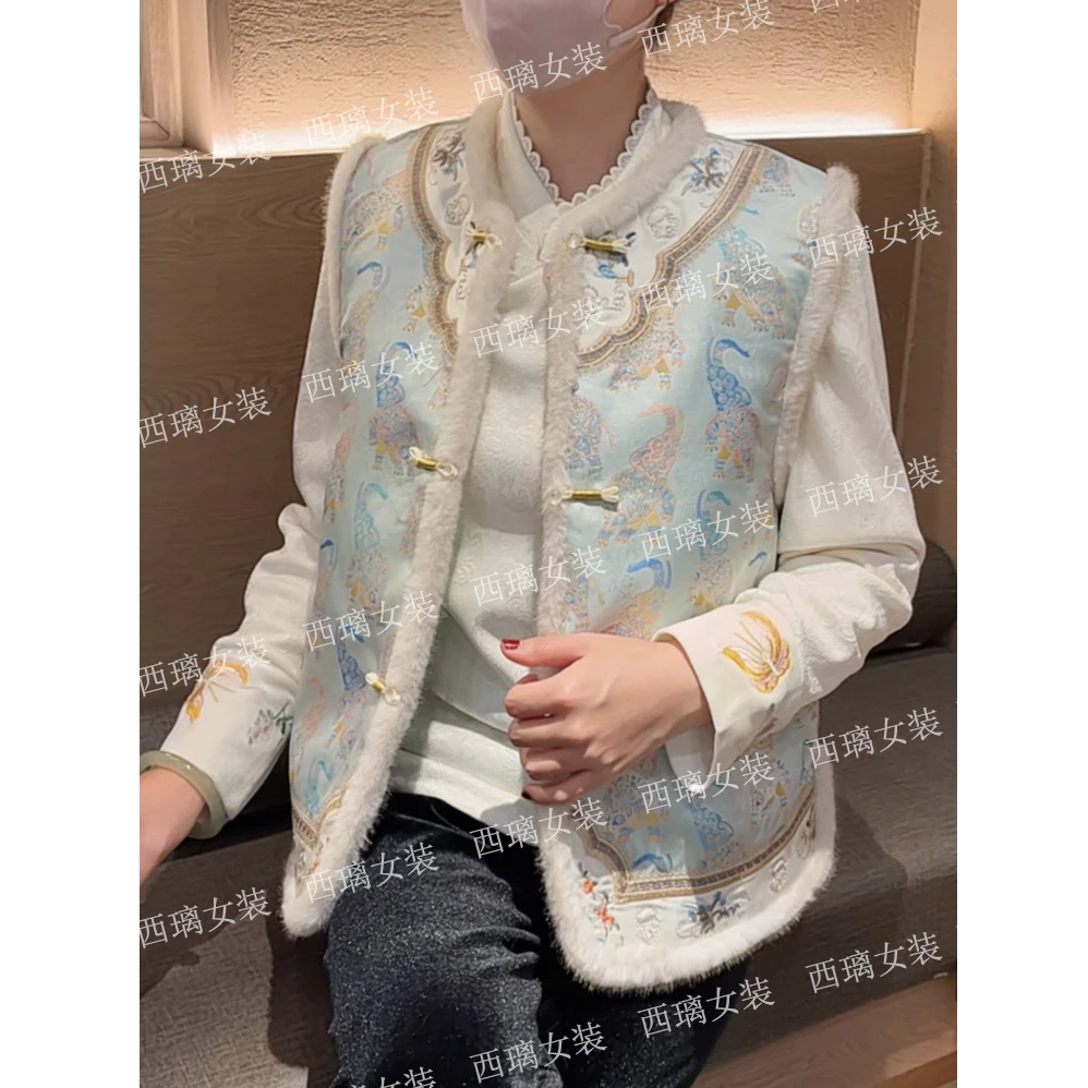 双面穿【祥禄】加棉加厚秋冬季秋冬季马夹新中式中国风马甲女提花