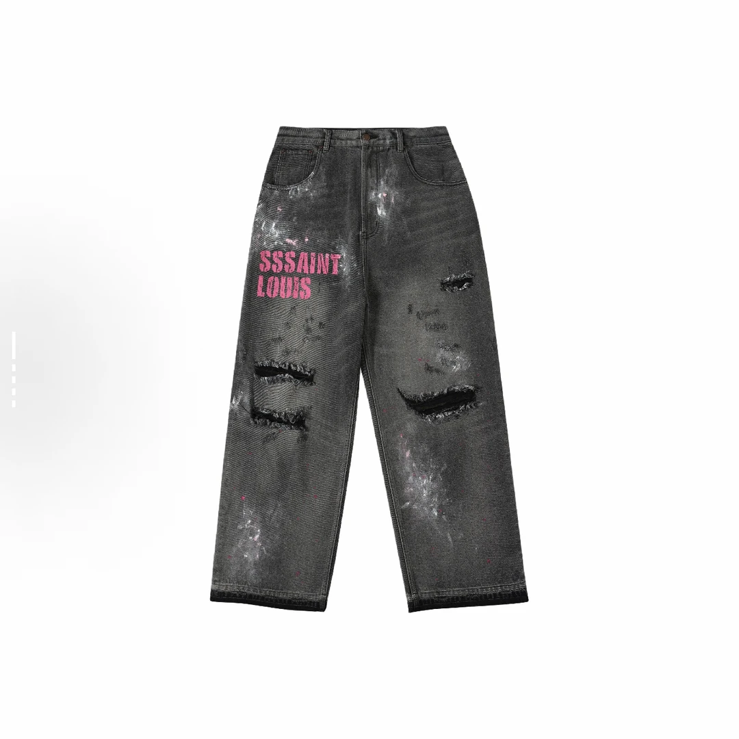 SSSAINT LOUIS 破坏破洞字母Logo直筒中腰休闲裤 男女同款