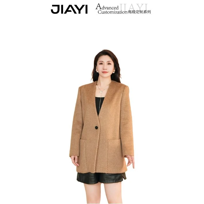 【嘉一】秋冬欧货时髦V领人字纹修身长袖羊毛驼绒外套 JYD-E67907