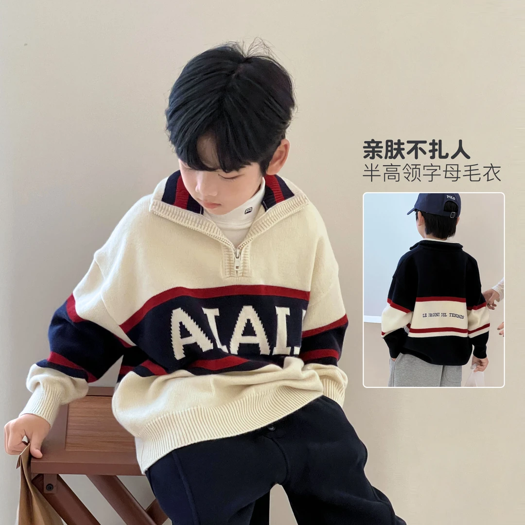 男童毛衣冬季加厚儿童美式学院风翻领中大童针织衫510621O6