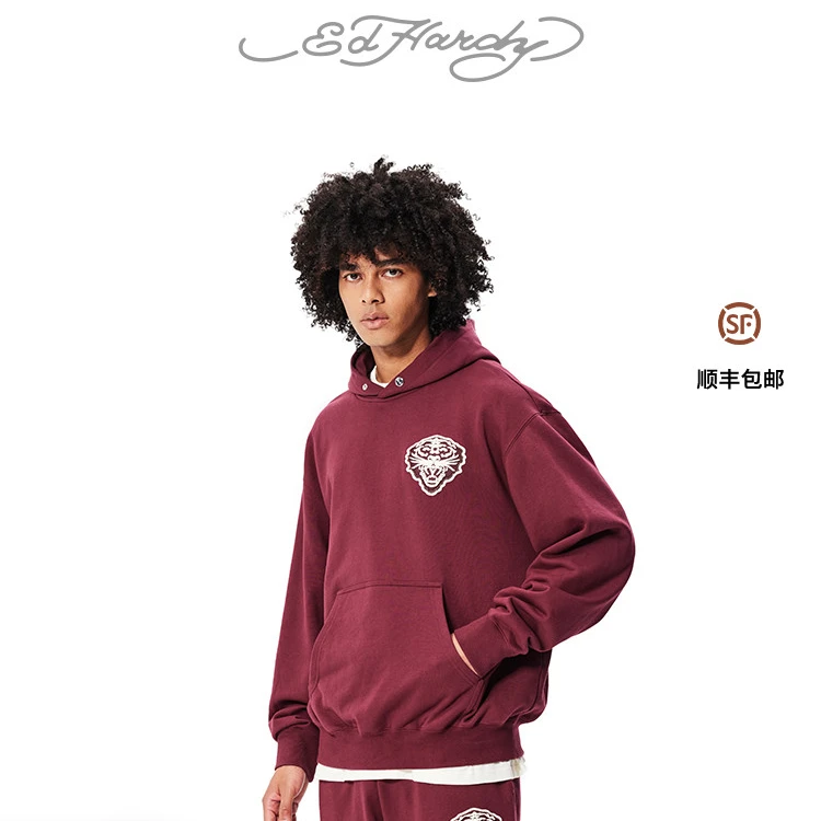 Ed Hardy/埃德哈迪冬季新款套头衫深石榴红虎头连帽卫衣E1QDM046