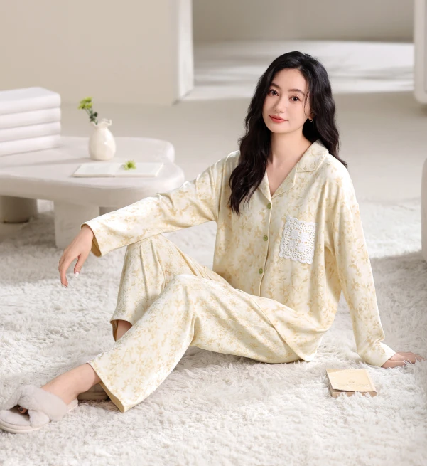 莉莉家新款长袖套装女士纯棉睡衣开衫休闲时尚可外穿家居服套装