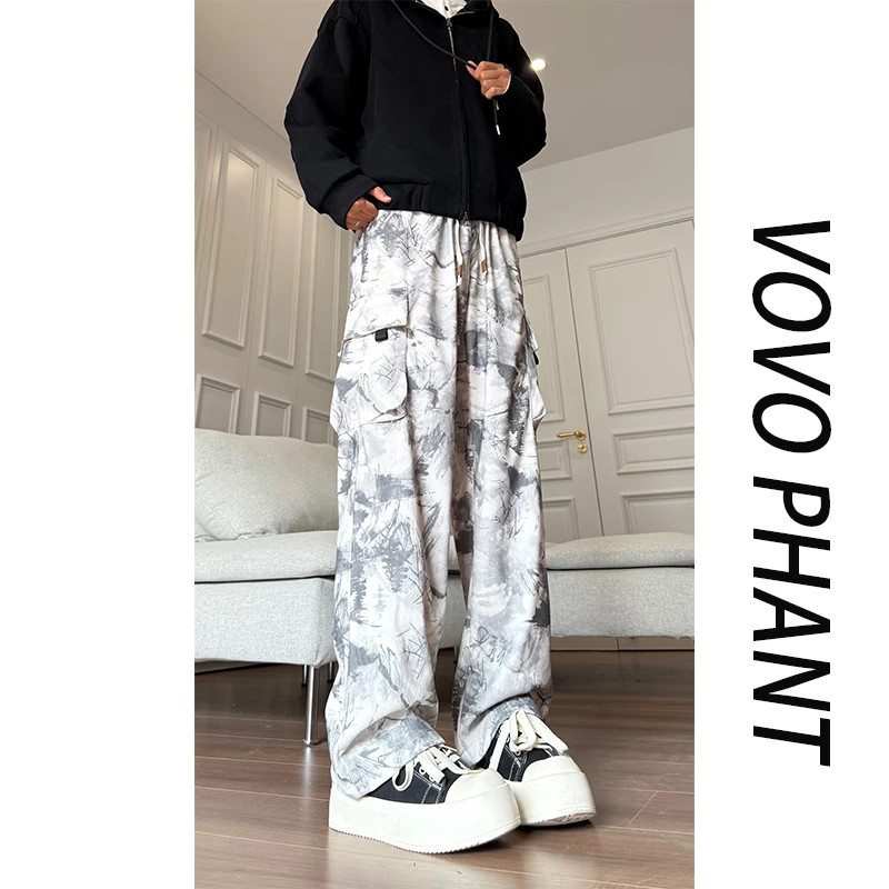 VOVO美式复古扎染工装男秋季宽松阔腿休闲裤痞帅高级感直筒垂感裤