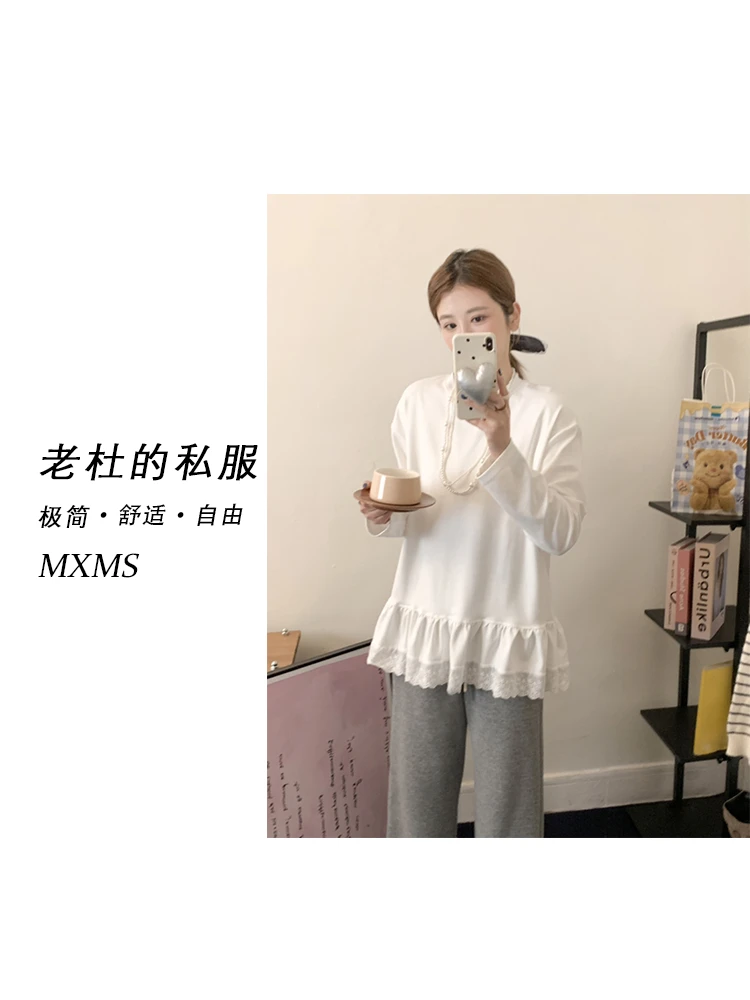 （麦欢尼）1639-【宝藏衣橱】纯色净版简约风拼接蕾丝花边长袖打底衫