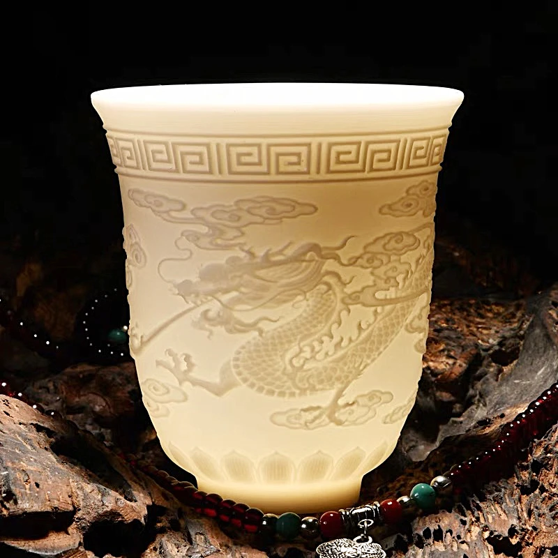 浮雕龙凤杯德化羊脂白瓷主人杯陶瓷功夫茶碗大号茶杯