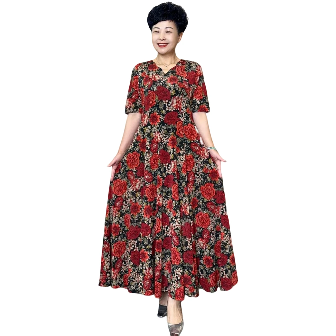 2508-红色碎花-夏款大码女装修身显瘦时尚减龄七片大摆长款连衣裙