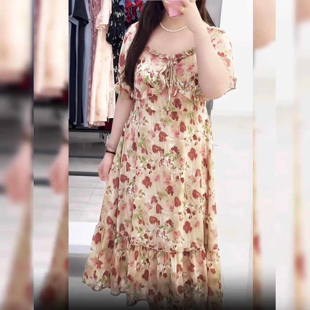 大码女装300斤胖MM法式复古田园风碎花收腰连衣裙66416