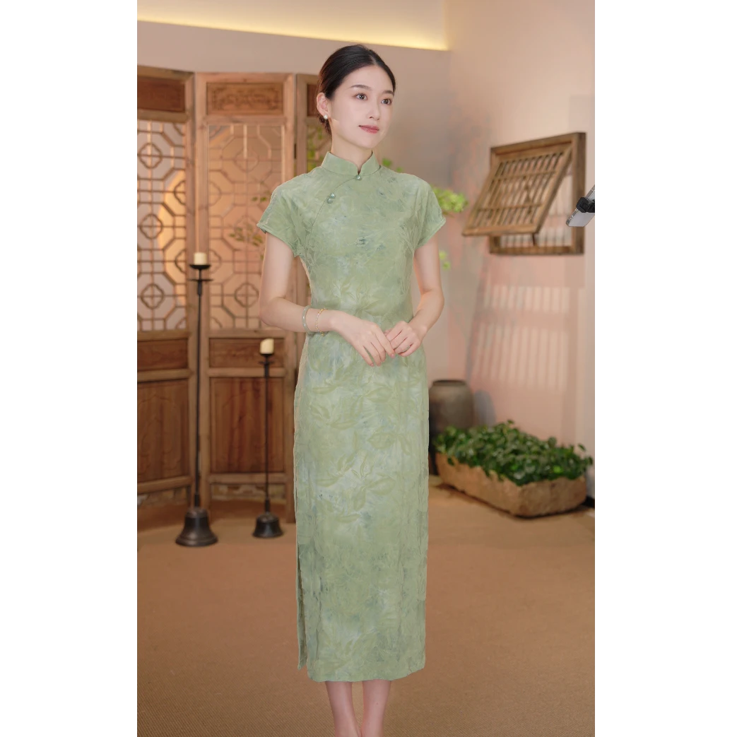 【青羽】良辰媄锦后背拉链单层夏季中长款旗袍衣长约125CM