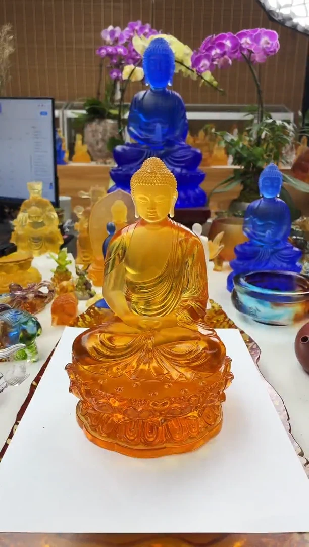 手工艺品琉璃琥珀色药师佛21公分双色效果