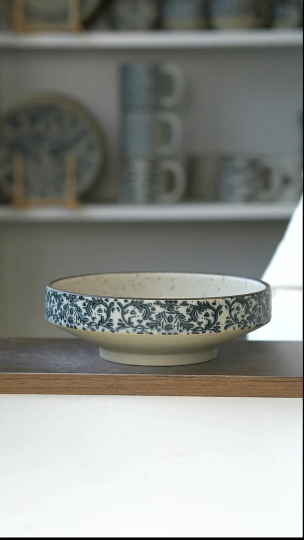 陶粗陶手绘鸢尾花高足果盘/沙拉盘17cm@7-7@
