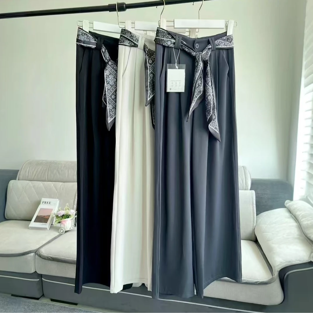 【带丝巾】2025夏西装阔腿裤女士新款垂感休闲直筒裤气质超垂裤子